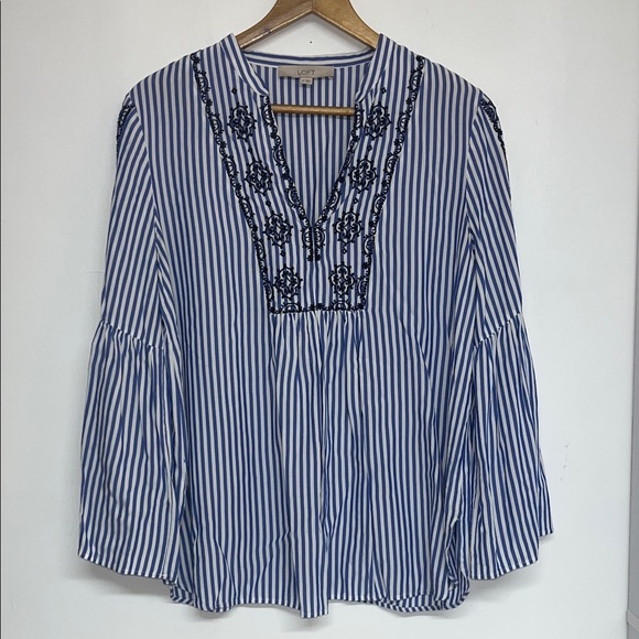 LOFT Tops - LOFT Sz MED Flowy Striped Embroidered V-Neck Peasant Blouse Bell Sleeve #boho